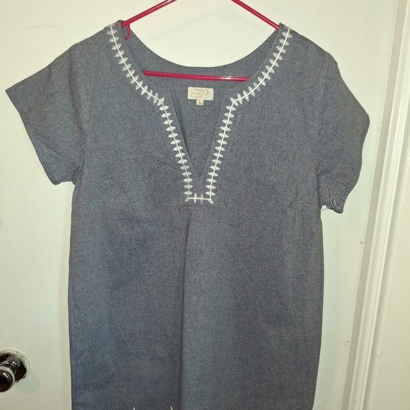 Mudpie Chambray Embroidered Shift Dress. Preppy, Classic - Picture 2 of 5